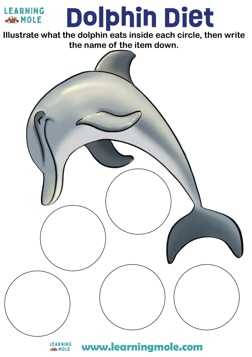 Dolphin Diet: students draw five foods a dolphin eats, one in each circle, and write the name of each item