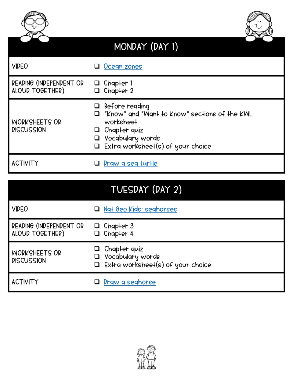 Days 1–2 lesson plans assign chapters 1–4, ocean zones and seahorse videos, quizzes, and drawing activities