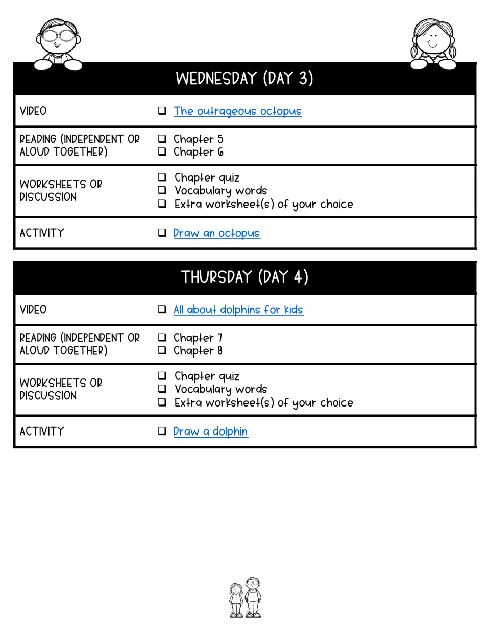 Days 3–4 lesson plans assign chapters 5–8, octopus and dolphin videos, quizzes, vocabulary, and drawing