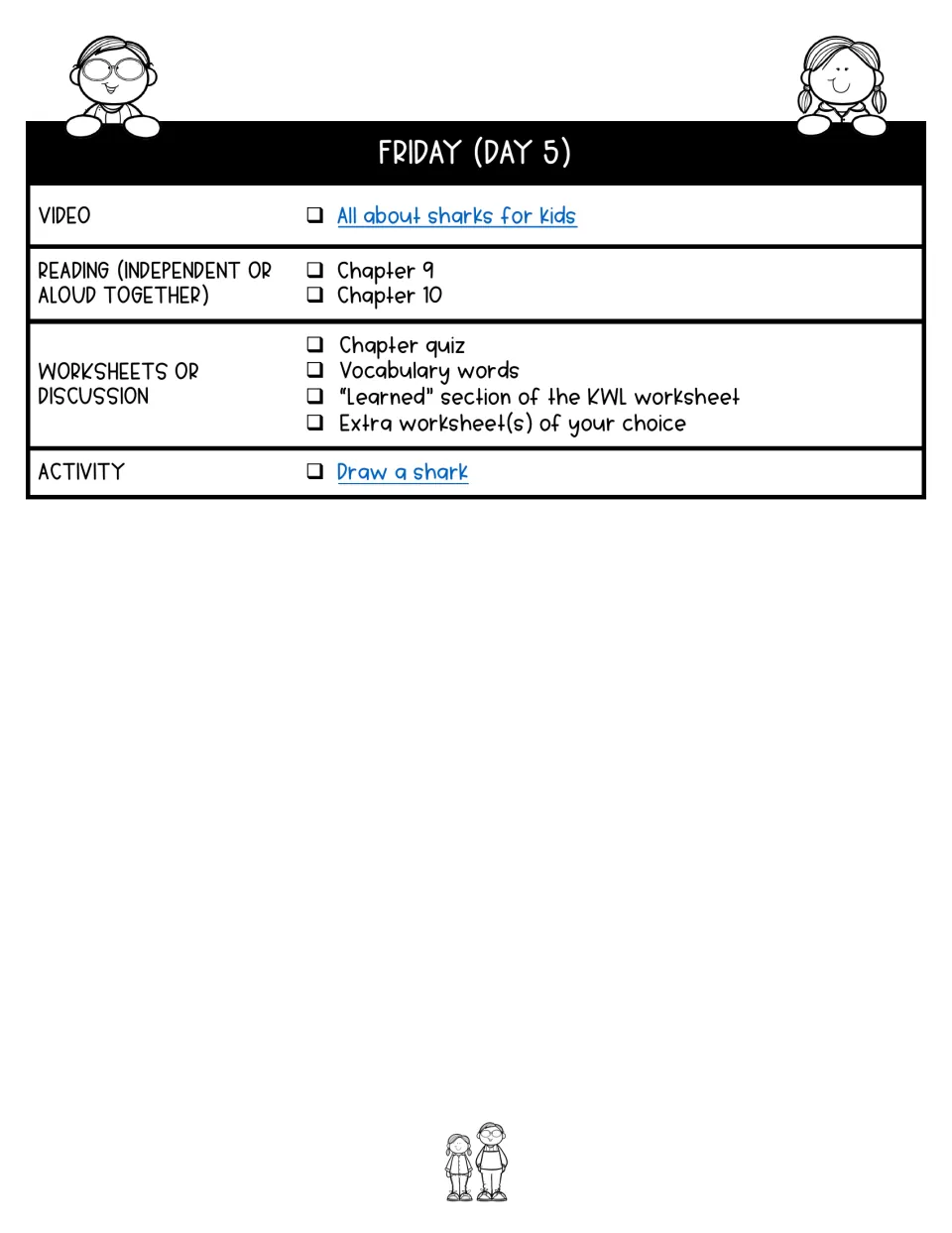 Day 5 lesson plan assigns chapters 9–10, a shark video and drawing, a quiz, vocabulary, and KWL completion