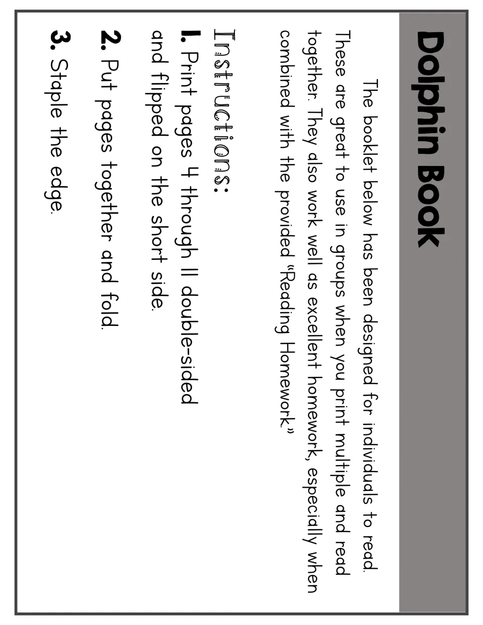 Dolphin booklet assembly instructions: print pages 4–11 double-sided, flip on the short side, fold, and staple