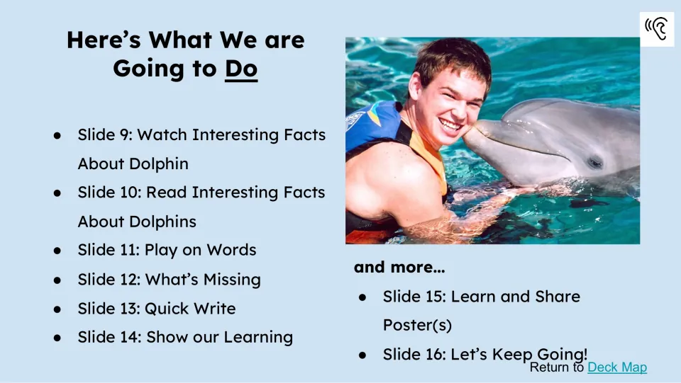 Activity preview lists slides 9–16: video, reading, word play, What's Missing, Quick Write, posters, and more.