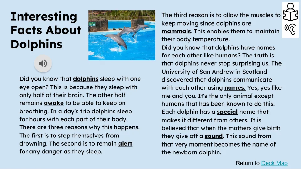 Reading passage with audio describes dolphins sleeping with half their brain awake and using sounds as names.