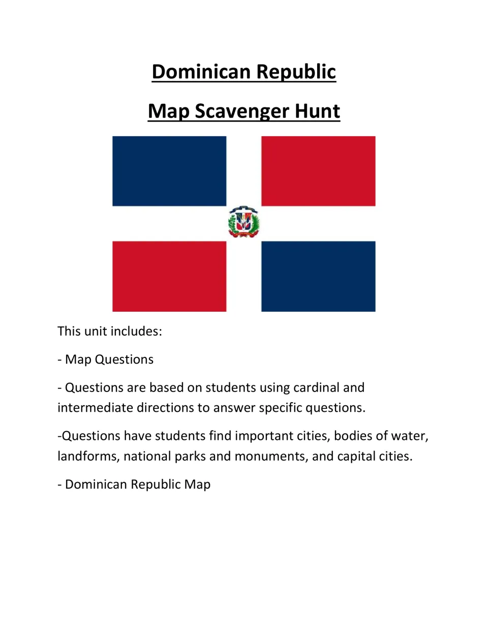 Dominican Republic Map Scavenger Hunt cover lists map questions using cardinal and intermediate directions.