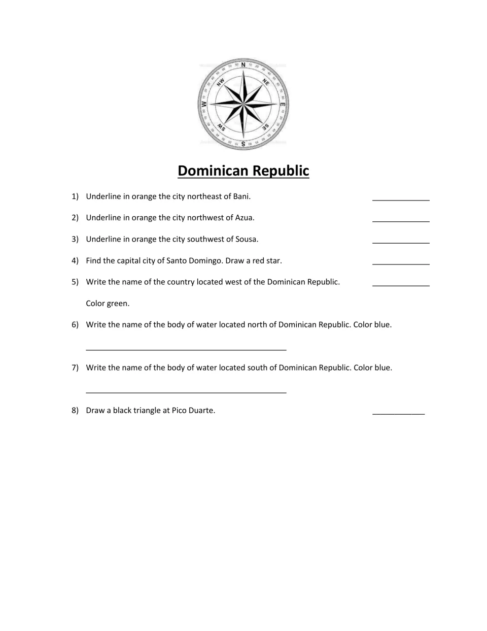 Eight scavenger hunt tasks ask students to locate cities, Haiti, bodies of water, and Pico Duarte on a map.