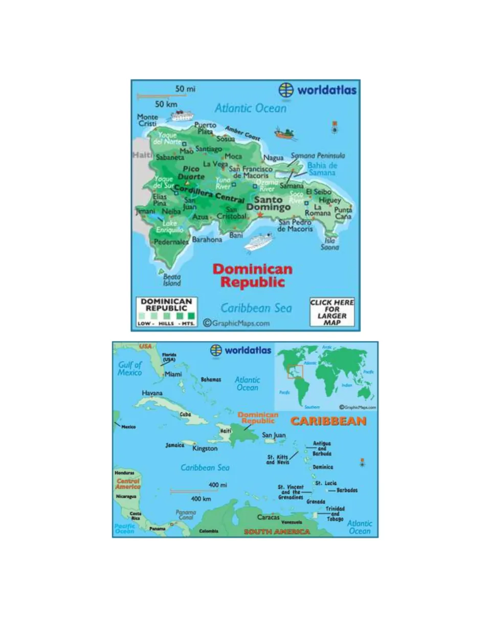Scavenger hunt reference maps show Dominican Republic cities and landforms plus its location in the Caribbean.