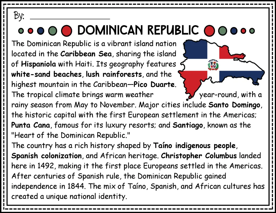 Opening reading passage: Dominican Republic geography and history, with a map filled with the national flag
