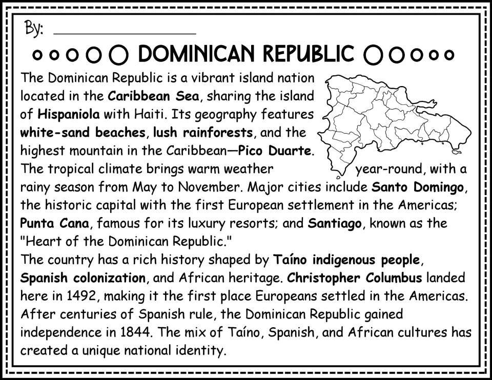 Opening reading passage: Dominican Republic geography and history, with a black-and-white map of provinces