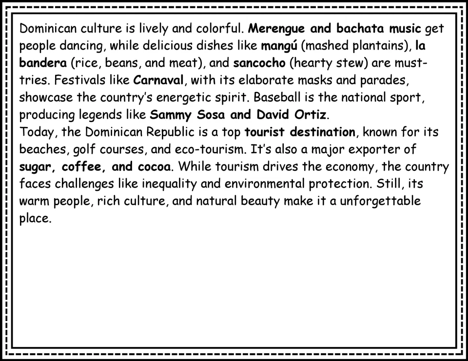 Reading passage continuation: Dominican music, traditional foods, Carnaval, baseball, tourism, and exports