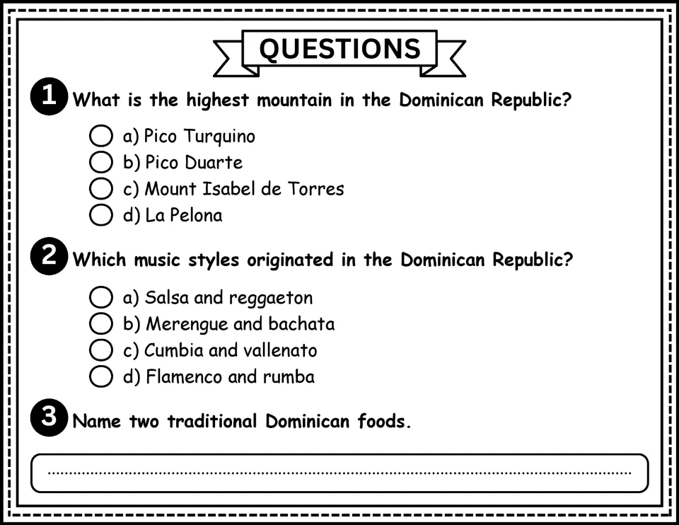 Comprehension questions 1–3 ask about the highest mountain, Dominican music styles, and traditional foods