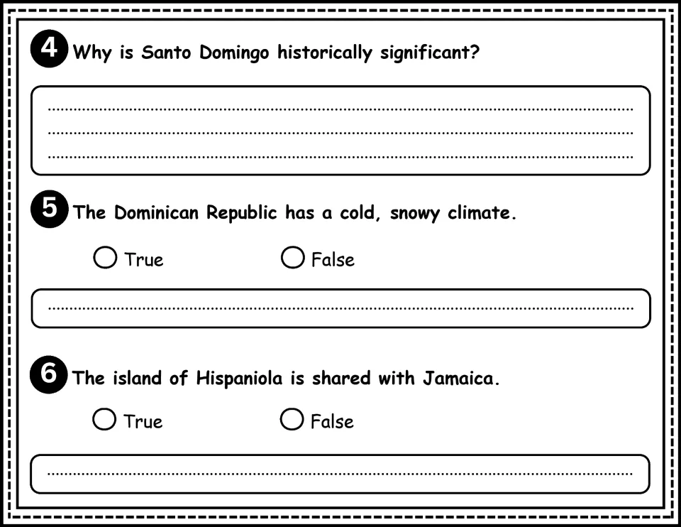 Comprehension questions 4–6 cover Santo Domingo's historical significance, climate, and shared Hispaniola