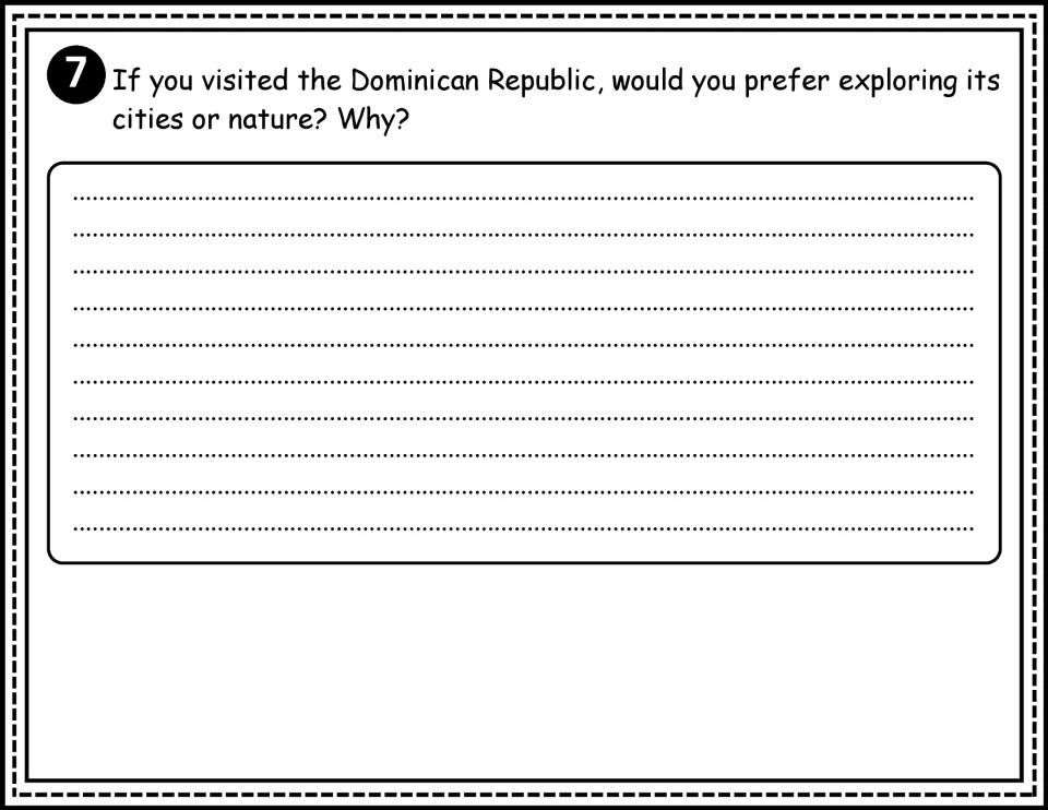 Comprehension question 7 asks whether students would explore Dominican Republic cities or nature and why