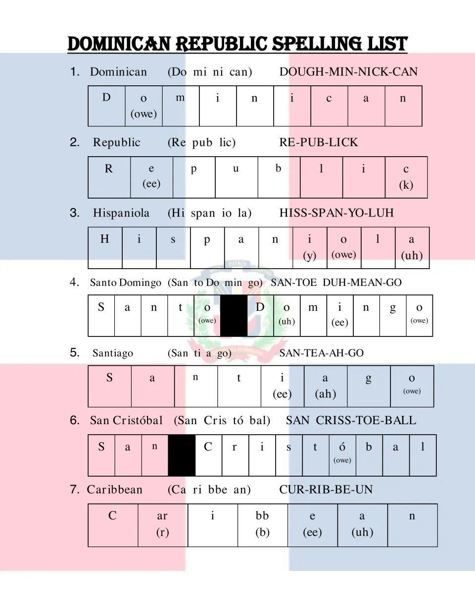 Dominican Republic words 1-7, from Dominican to Caribbean, shown with syllables, pronunciation and letter-by-letter spelling