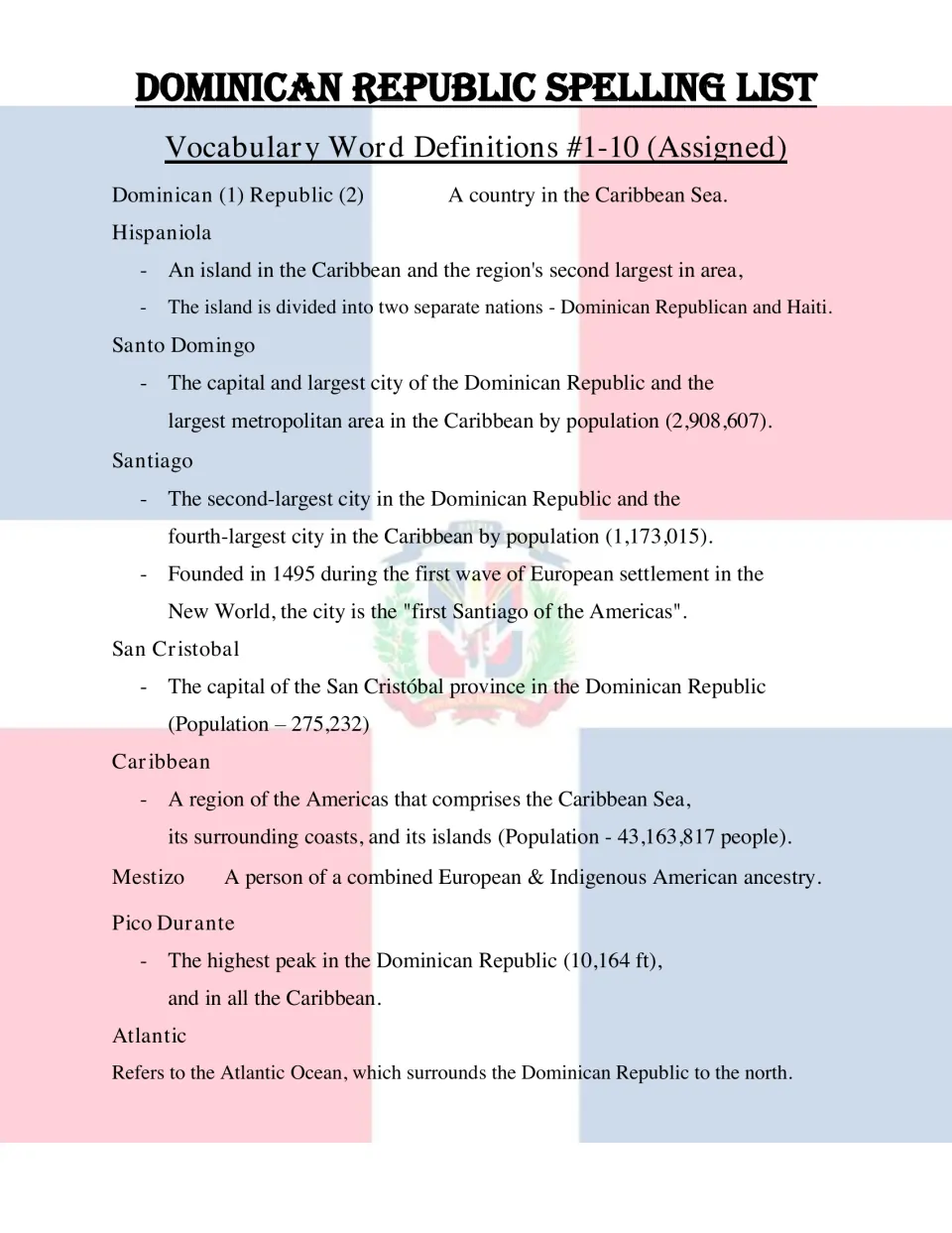 Vocabulary definitions for words 1-10: Hispaniola, Santo Domingo, Santiago, Pico Durante and more, with population facts
