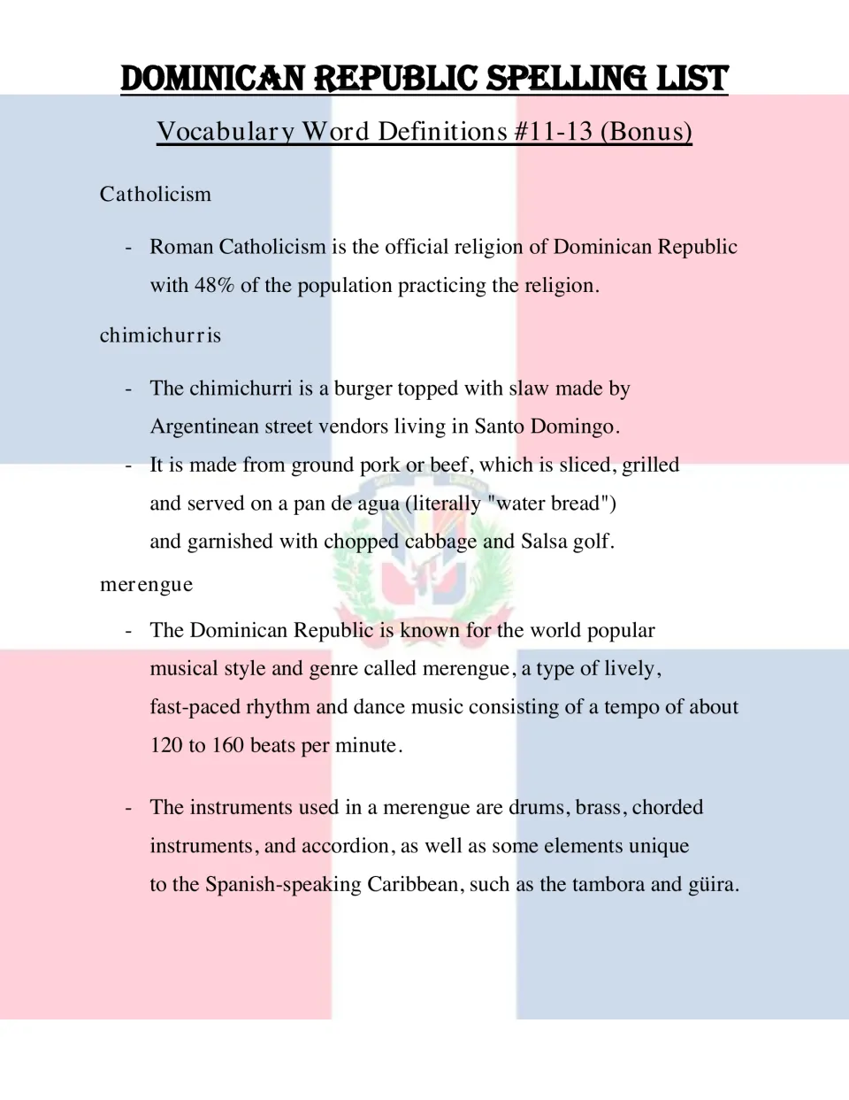 Bonus definitions for Catholicism, chimichurris and merengue, covering religion, a street food and the music's instruments
