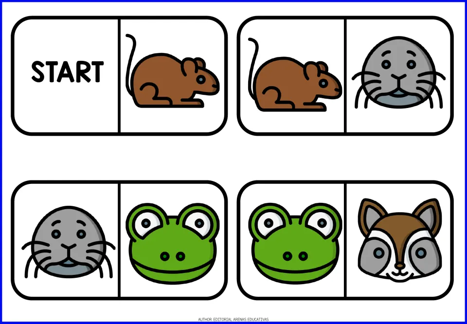 Animal domino pieces 1–4: START and rat, rat and seal, seal and frog, and frog and raccoon