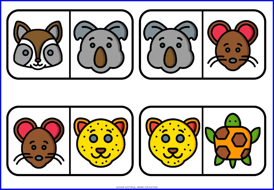 Animal domino pieces 5–8: raccoon and koala, koala and mouse, mouse and spotted cat, spotted cat and turtle
