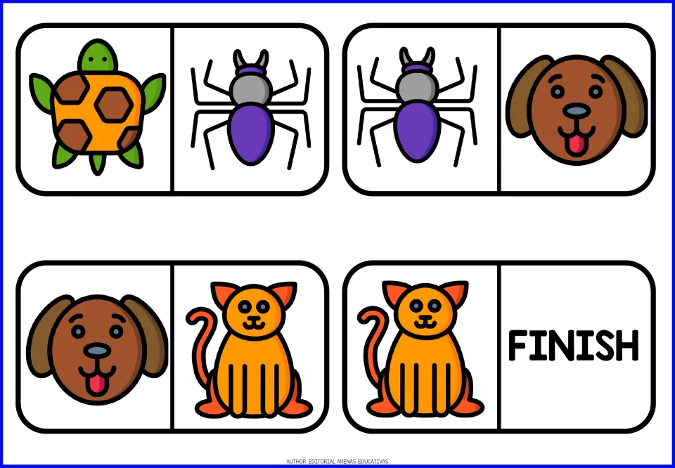 Animal domino pieces 9–12: turtle and spider, spider and dog, dog and cat, and cat and FINISH