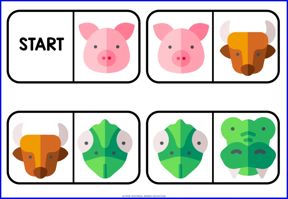 Animal domino pieces 1–4: START/pig, pig/bull, bull/chameleon and chameleon/crocodile