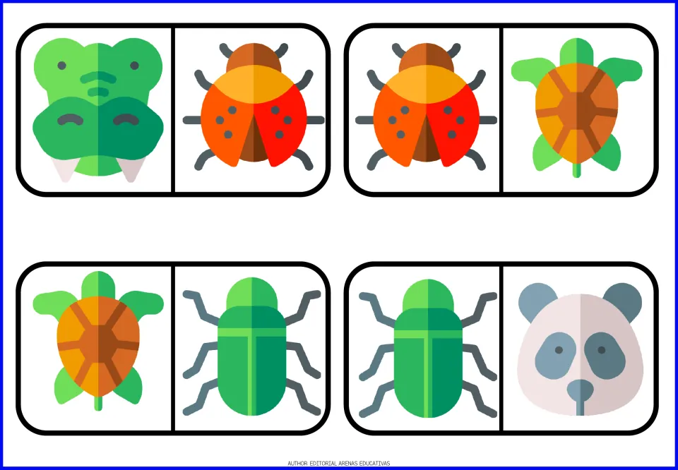 Animal domino pieces 5–8: crocodile/ladybug, ladybug/turtle, turtle/beetle and beetle/panda