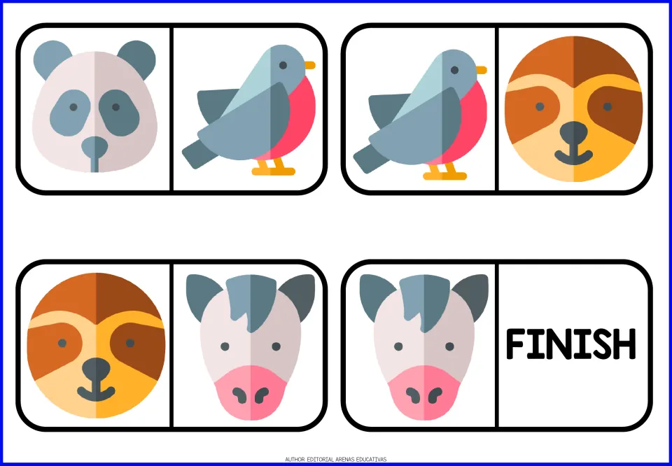 Animal domino pieces 9–12: panda/bird, bird/sloth, sloth/horse and horse/FINISH
