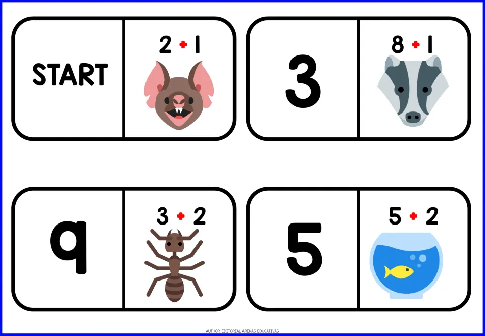 Addition domino tiles 1–4 include START, the sums 2 + 1, 8 + 1, 3 + 2 and 5 + 2, and animal pictures
