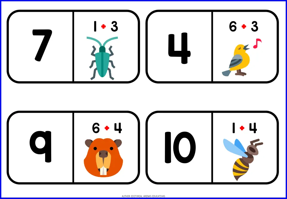 Addition domino tiles 5–8 pair 7, 4, 9 and 10 with the sums 1 + 3, 6 + 3, 6 + 4 and 1 + 4 and animals
