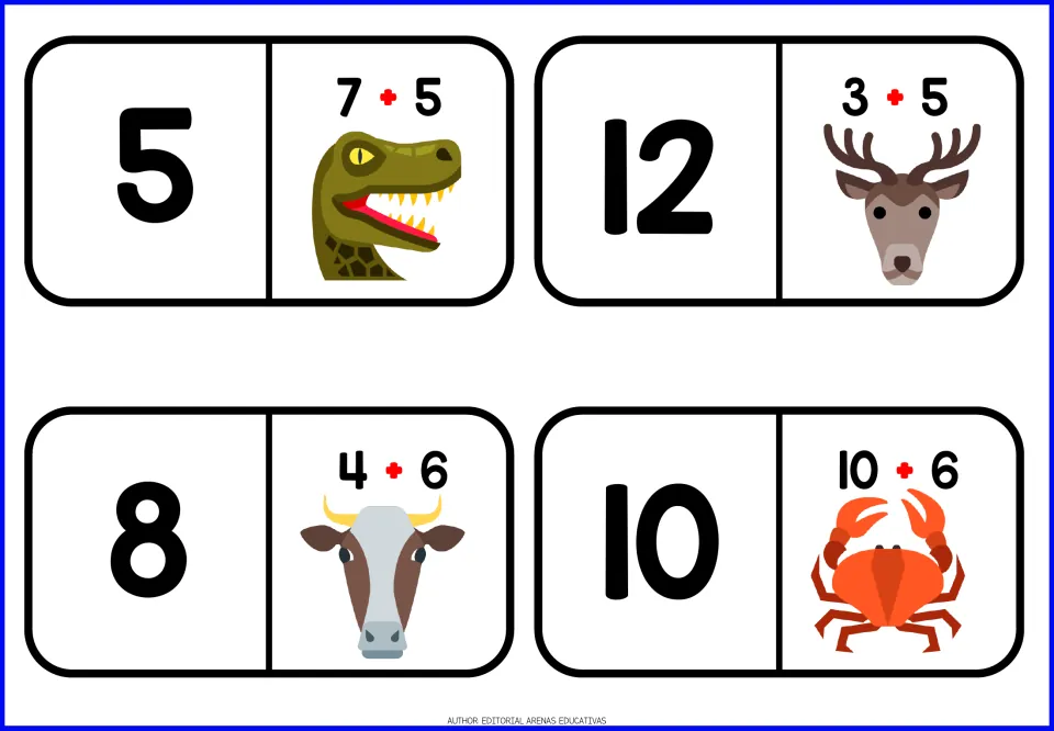 Addition domino tiles 9–12 pair 5, 12, 8 and 10 with sums 7 + 5, 3 + 5, 4 + 6 and 10 + 6 and animals