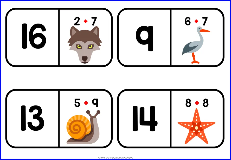 Addition domino tiles 13–16 pair 16, 9, 13 and 14 with sums 2 + 7, 6 + 7, 5 + 9 and 8 + 8 and animals