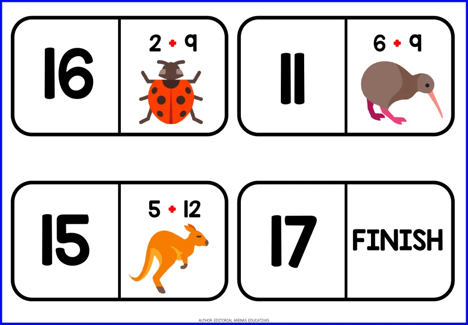 Addition domino tiles 17–20 include 2 + 9, 6 + 9 and 5 + 12 with animals, plus the 17 and FINISH tile