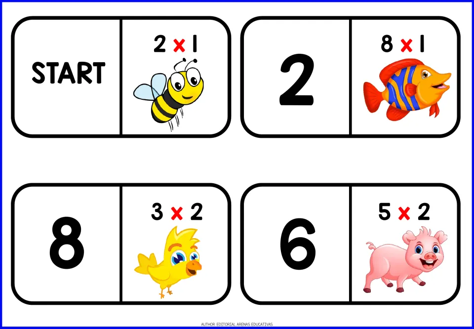 Multiplication dominoes: students match 2, 8 and 6 to facts; START tile has 2 x 1 bee, others 8 x 1, 3 x 2, 5 x 2
