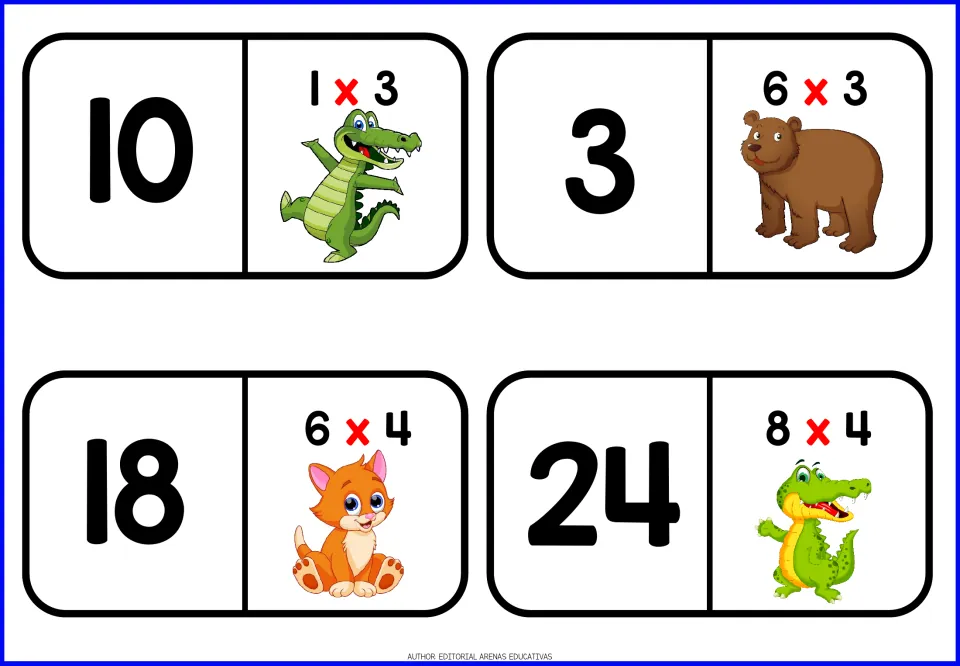 Dominoes for 3s and 4s facts: tiles pair numbers 10, 3, 18, 24 with 1 x 3, 6 x 3, 6 x 4, 8 x 4 and a crocodile, bear or cat