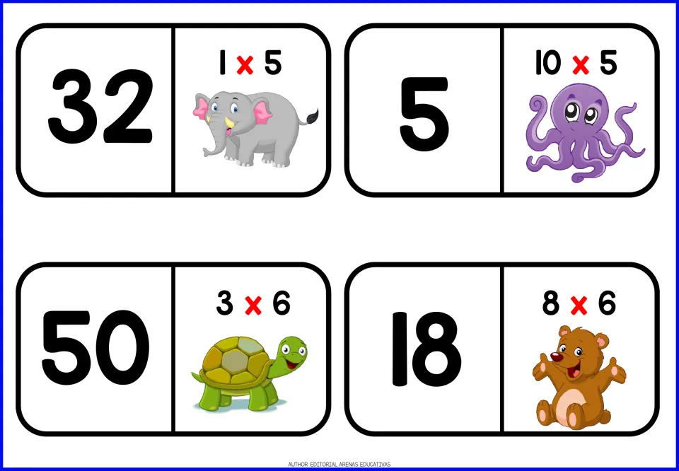 Domino tiles with 5s and 6s facts: 1 x 5, 10 x 5, 3 x 6 and 8 x 6 beside numbers 32, 5, 50 and 18, with elephant and octopus