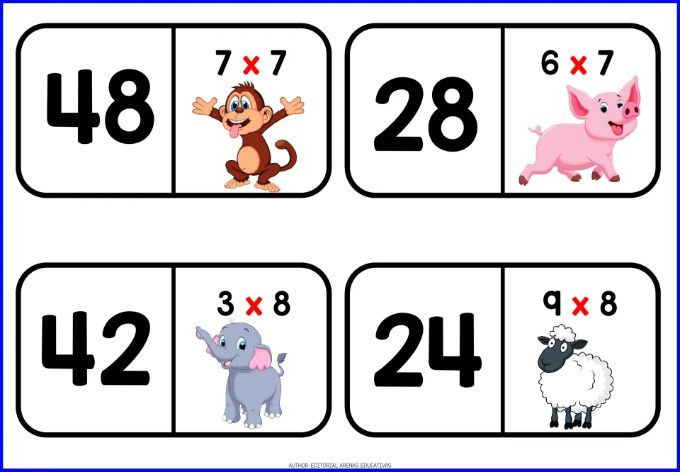 Domino tiles for 7s and 8s: facts 7 x 7, 6 x 7, 3 x 8 and 9 x 8 with monkey, pig, elephant and sheep, next to 48, 28, 42, 24