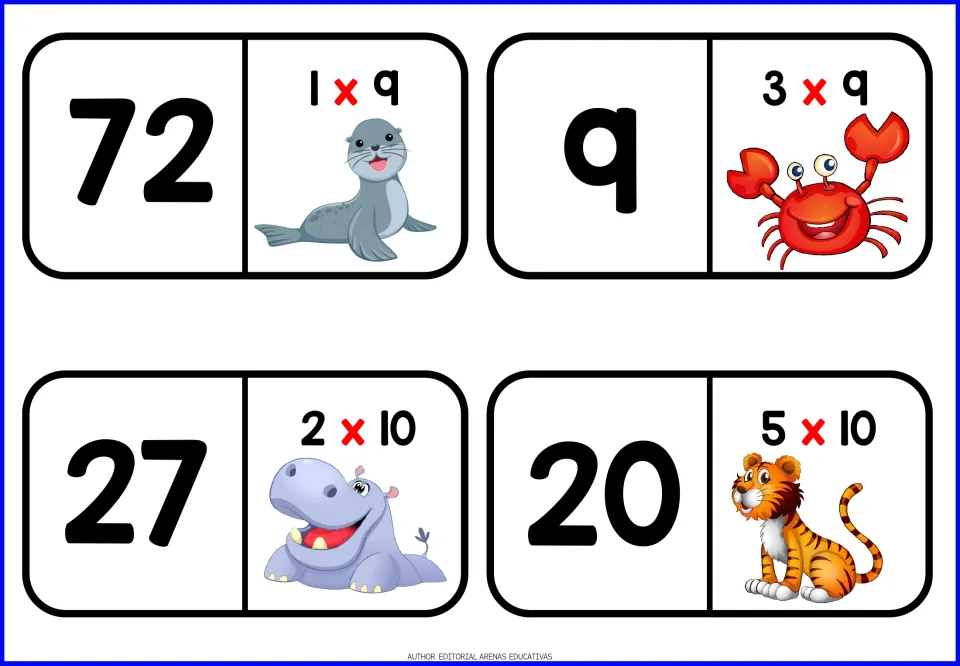 Domino tiles for 9s and 10s: 1 x 9, 3 x 9, 2 x 10 and 5 x 10 with seal, crab, hippo and tiger, beside 72, 9, 27 and 20