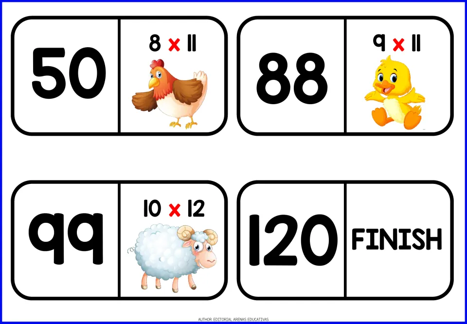 Final domino tiles: 8 x 11, 9 x 11 and 10 x 12 with hen, duckling and ram, numbers 50, 88, 99, plus a 120 FINISH card