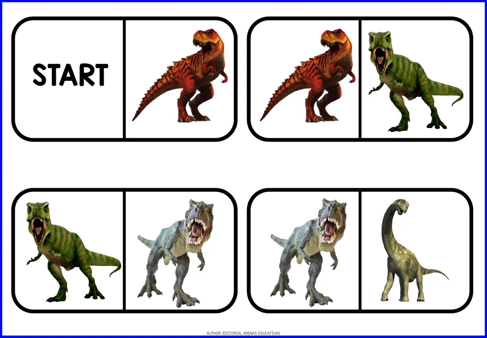 Dinosaur domino pieces 1–4 include START and matching red, green, gray, and long-necked dinosaur pictures