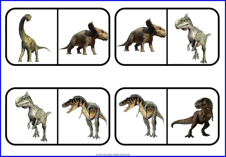 Dinosaur domino pieces 5–8 link long-necked, frilled, pale gray, striped, and dark brown dinosaur pictures