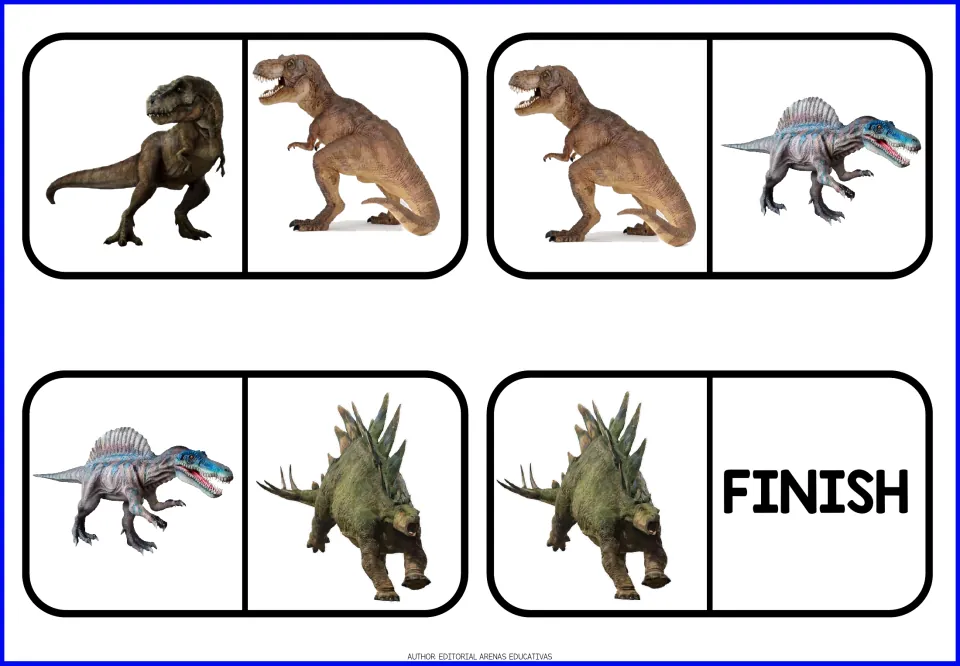 Dinosaur domino pieces 9–12 link brown, sail-backed, and plated dinosaur pictures before ending with FINISH