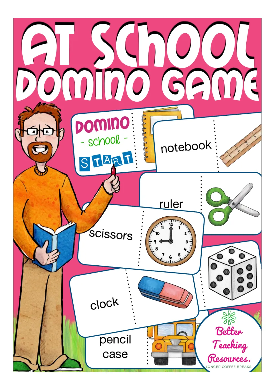 At School Domino Game cover: a teacher beside picture-word cards for notebook, ruler, scissors, clock and pencil case