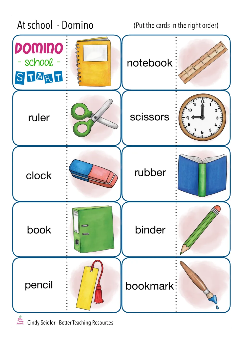 School supplies dominoes: students match words like notebook, ruler, scissors and rubber to the next card's picture
