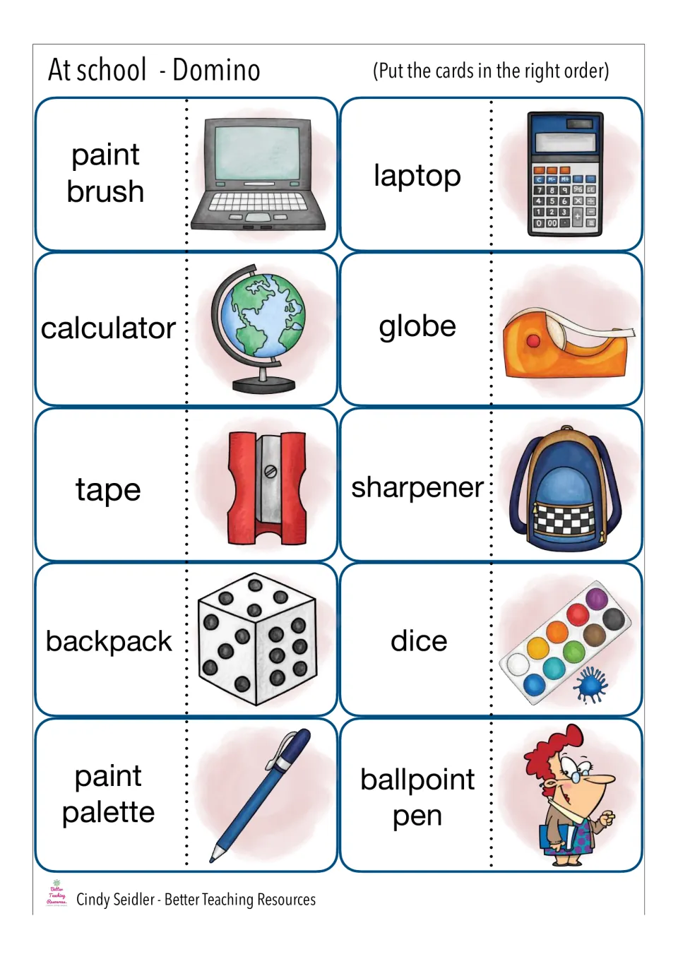 Classroom objects dominoes: students link words such as laptop, calculator, globe and sharpener to matching pictures