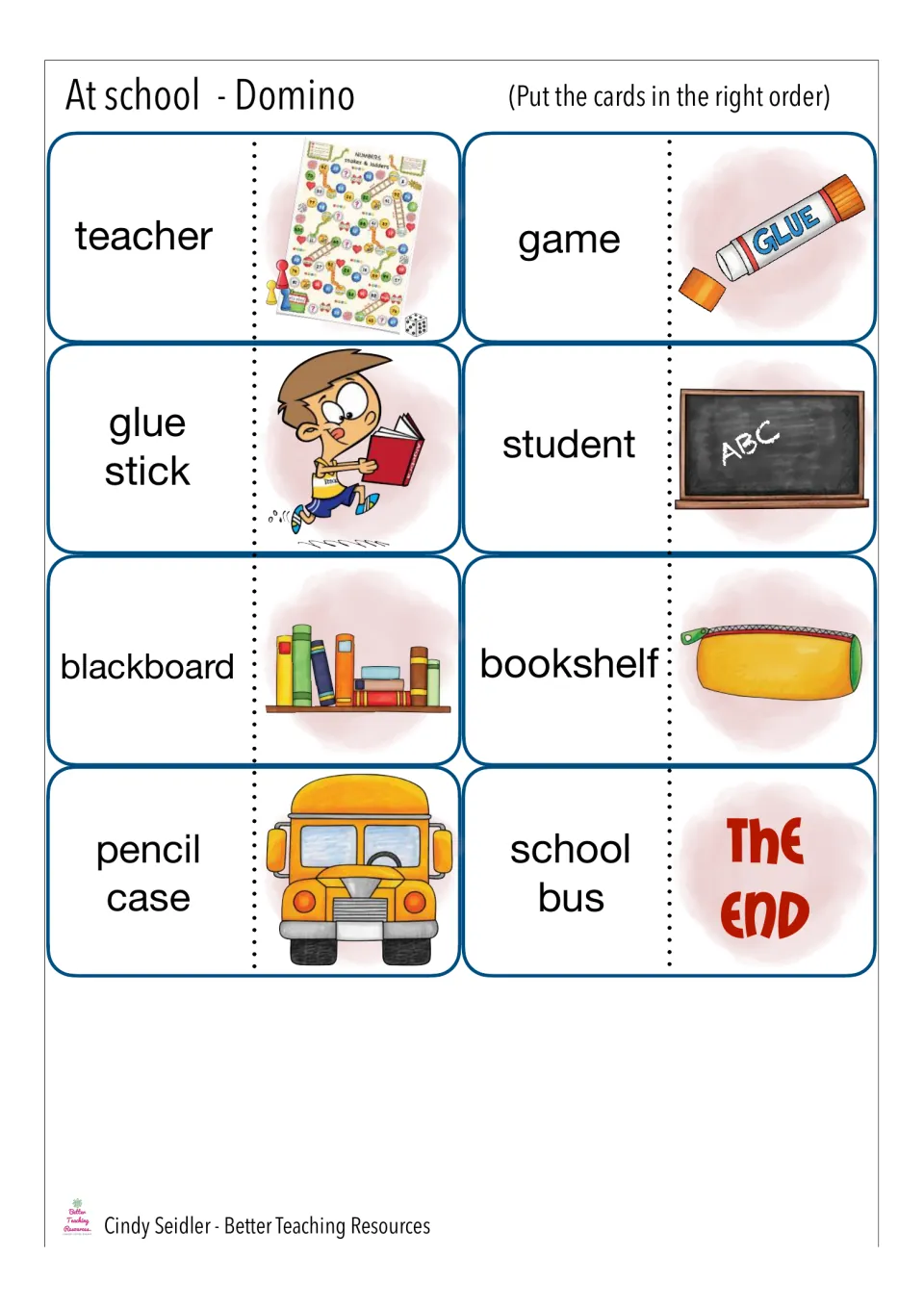 Last domino cards: students match teacher, glue stick, blackboard and school bus to pictures, ending on The End