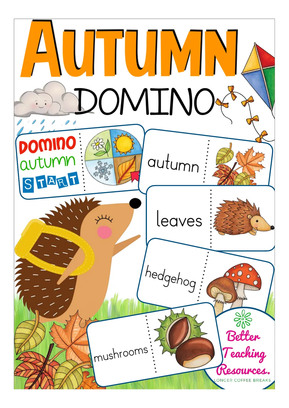 Autumn Domino cover: sample cards linking fall words like autumn, leaves and hedgehog to pictures, with a START card