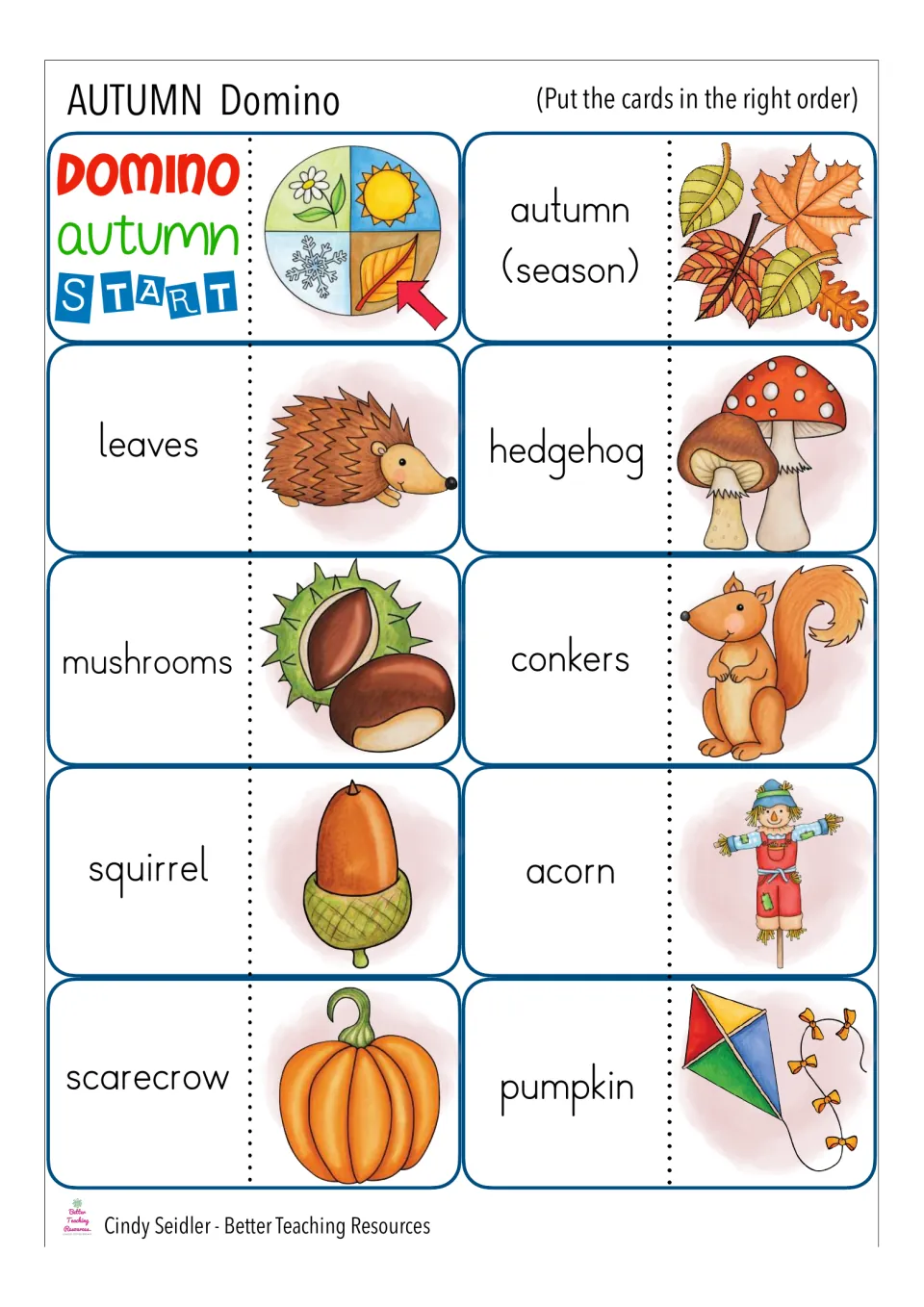 Autumn domino cards: students chain each word, such as hedgehog, conkers or acorn, to the matching picture on another card