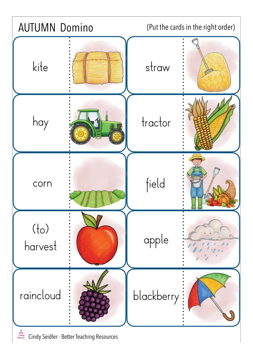 Farm and orchard word cards: students link kite, straw, tractor, field and harvest to matching pictures to extend the chain