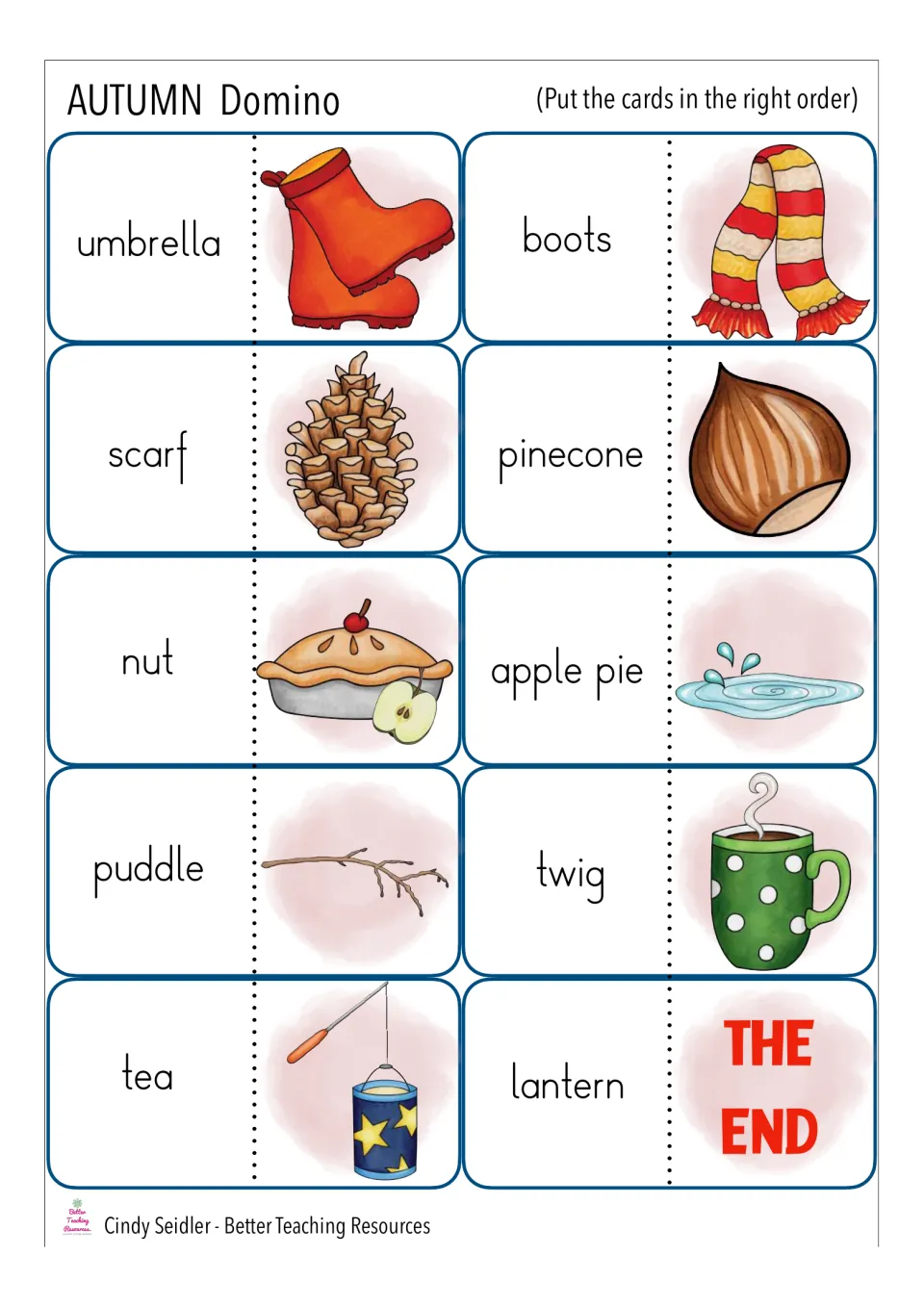 Rainy-day and cozy word cards: students match umbrella, scarf, puddle, tea and lantern to pictures, ending at THE END