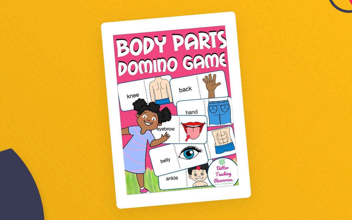 Body Parts Domino Game cover with illustrated cards labeled knee, back, hand, eyebrow, belly, and ankle.