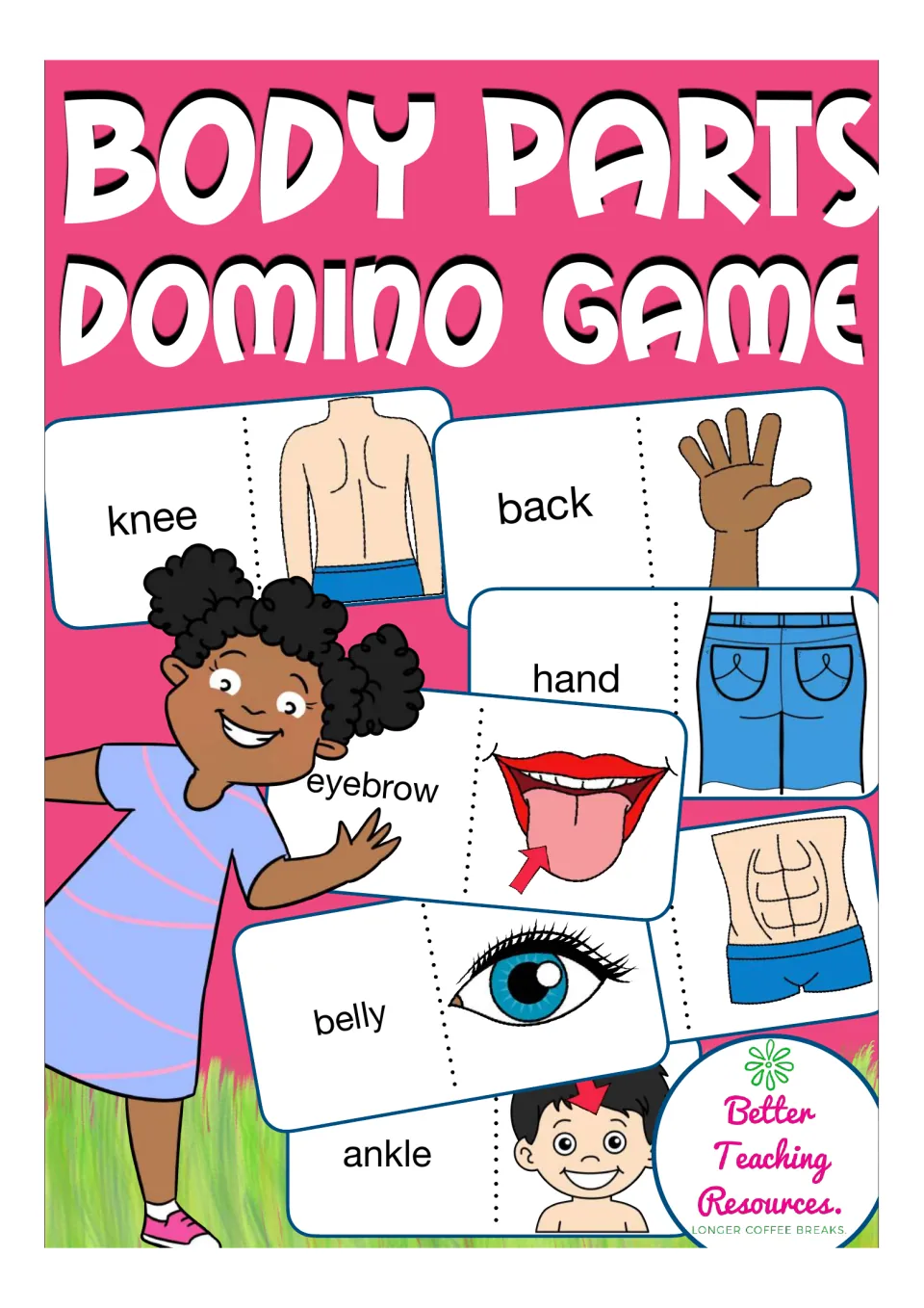 Body Parts Domino Game cover: sample domino cards pairing words like knee, back, hand and belly with body part pictures