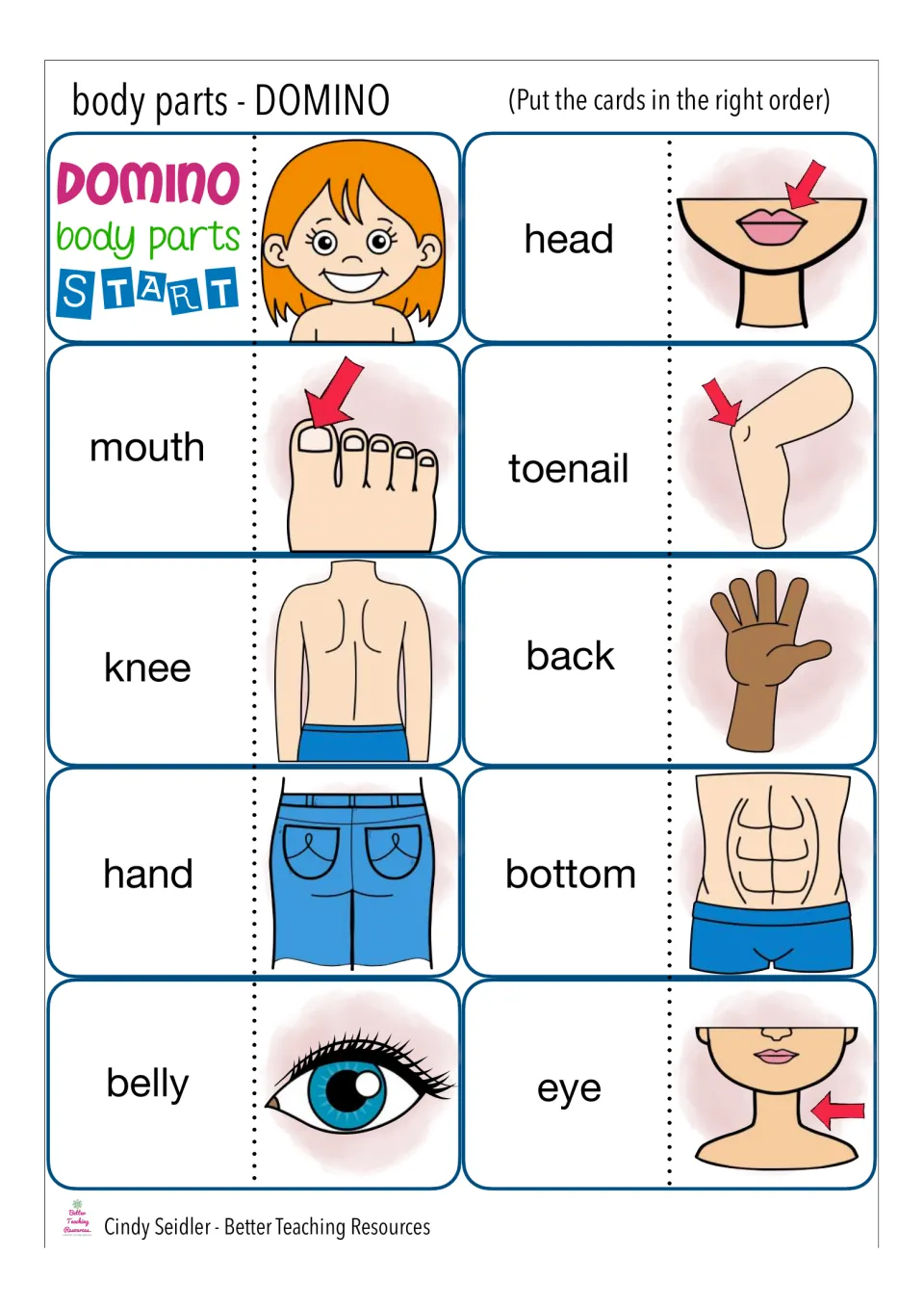 Body part vocabulary dominoes: START card plus 9 cards; students match words like head and mouth to pictured parts